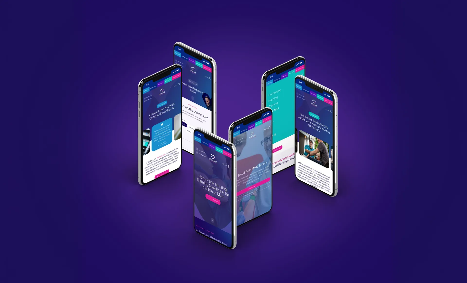TopCare website displayed across five mobile screens showing homecare, nursing, training, wellness and blood tests pages, designed and developed by DotPerformance for the Isle of Man healthcare provider